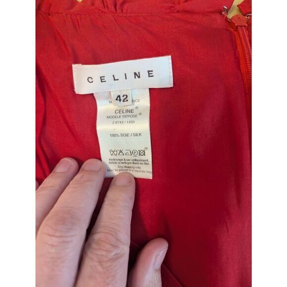 Celine France Size 42 US 10 Red 100% Silk Midi Open Neck Dress Gown Back Zipper - Picture 7 of 7